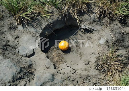 Lost orange golf ball nestled in a muddy divot surrounded by gra Lost orange golf ball nestled in a muddy divot surrounded by gra 128851044