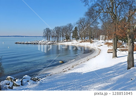 Winter Wonderland Beach Scene with Bare Trees and Snow Winter Wonderland Beach Scene with Bare Trees and Snow 128851045