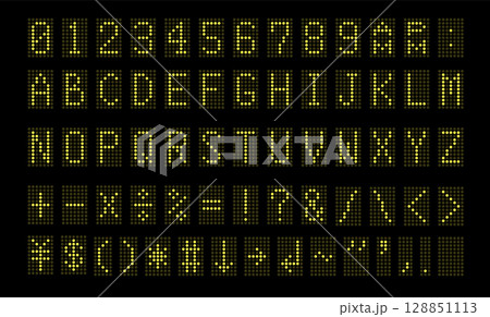 デジタル文字と数字。液晶モニターにアルファベット。時計の文字。黒の背景にデジタルのフォント。 128851113