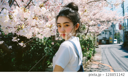 桜に囲まれた美しい日本人の女性ポートレート 128851142