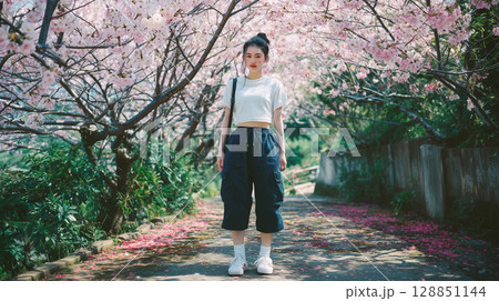 桜に囲まれた美しい日本人の女性ポートレート 桜に囲まれた美しい日本人の女性ポートレート 128851144
