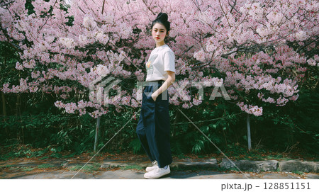 桜に囲まれた美しい日本人の女性ポートレート 128851151