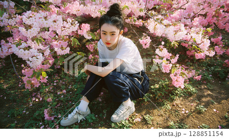 桜に囲まれた美しい日本人の女性ポートレート 128851154