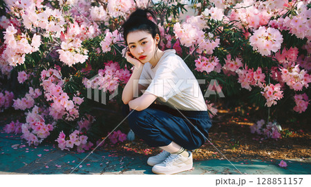 桜に囲まれた美しい日本人の女性ポートレート 128851157