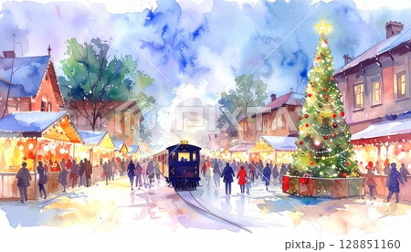 雪が降る夜にクリスマスのイルミネーションと人々で賑わう街のクリスマス・マーケットの水彩画風イラスト 128851160