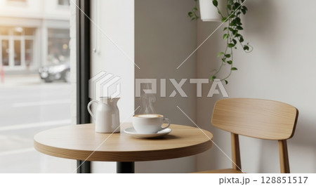Minimalist coffee shop corner with cappuccino and morning light 128851517