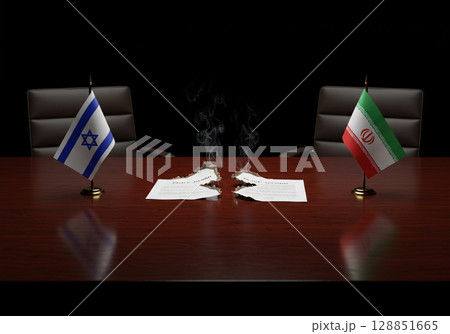 Burning Peace Accord Israel and Iran Flags 128851665