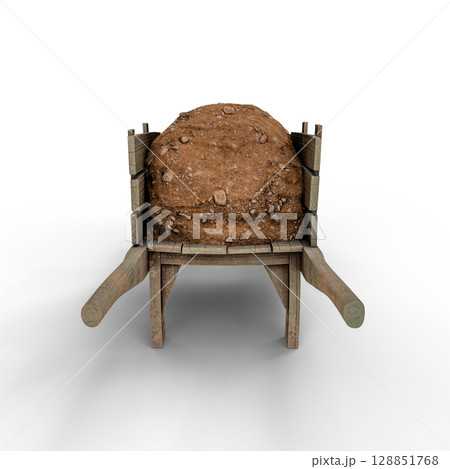 Wooden Wheelbarrow Filled with Rocky Soil Against a White Background. 3D Illustration. File with Clipping Path Wooden Wheelbarrow Filled with Rocky Soil Against a White Background. 3D Illustration. File with Clipping Path 128851768