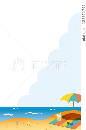 パラソルとレモネード、夏の海辺の風景_縦型_背景色なし 128851793