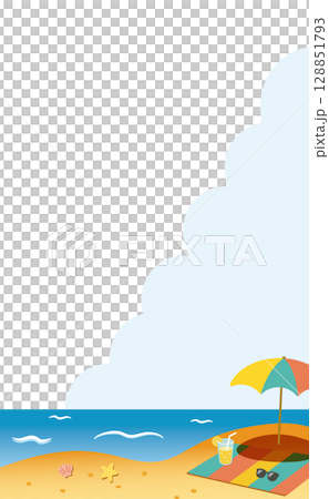 遮陽傘和檸檬水，夏日海濱風景_垂直_無背景顏色 128851793