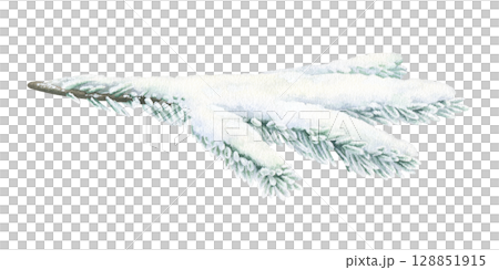 A Christmas Tree branch covered with Snow. Watercolor illustration of a fir winter plant. Hand drawn vintage sketch on white isolated background. Water color painting clip art image A Christmas Tree branch covered with Snow. Watercolor illustration of a fir winter plant. Hand drawn vintage sketch on white isolated background. Water color painting clip art image 128851915