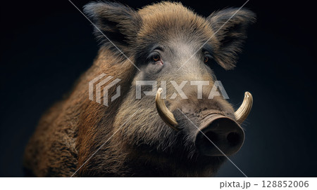 Wild boar with long tusks stands against dark background, showcasing its rugged features and intense gaze 128852006