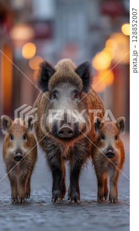 Wild boar with two piglets walking on urban street at dusk, creating charming scene 128852007