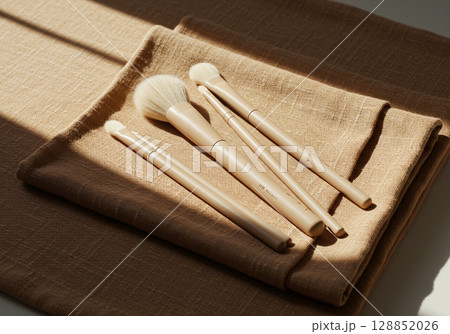 Neutral Makeup Brushes on Beige Linen Fabric Neutral Makeup Brushes on Beige Linen Fabric 128852026