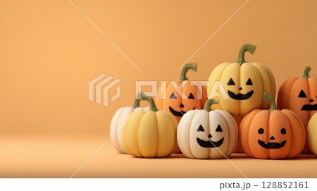 Delightful arrangement of Halloween pumpkins with smiling faces in pastel shades against orange background Delightful arrangement of Halloween pumpkins with smiling faces in pastel shades against orange background 128852161