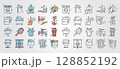 set of Hygiene routine bathroom related icons arranged neatly in a tile pattern promote daily personal cleanliness. 128852192