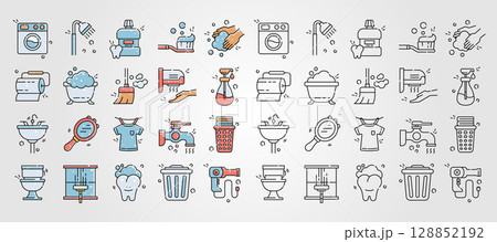 set of Hygiene routine bathroom related icons arranged neatly in a tile pattern promote daily personal cleanliness. set of Hygiene routine bathroom related icons arranged neatly in a tile pattern promote daily personal cleanliness. 128852192
