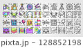Media icon set presents colorful line art of filming and audio recording equipment icons. 128852198