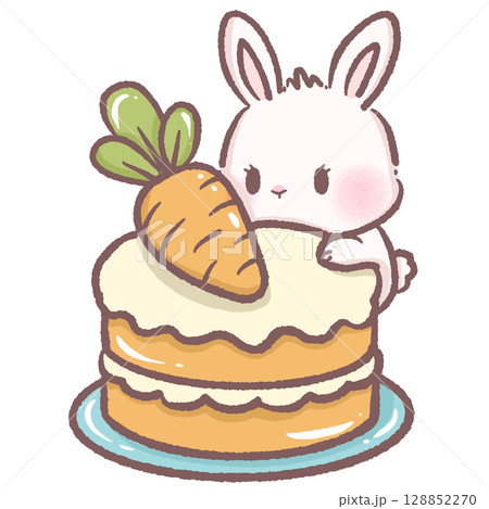 Cute bunny looking at carrot cake from behind cozy dessert scene perfect for bakery themes children books sweet treat illustrations cafe decor food art and adorable animal character designs Cute bunny looking at carrot cake from behind cozy dessert scene perfect for bakery themes children books sweet treat illustrations cafe decor food art and adorable animal character designs 128852270