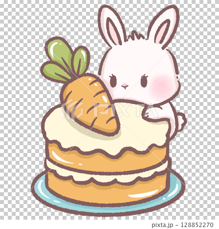 Cute bunny looking at carrot cake from behind cozy dessert scene perfect for bakery themes children books sweet treat illustrations cafe decor food art and adorable animal character designs 128852270