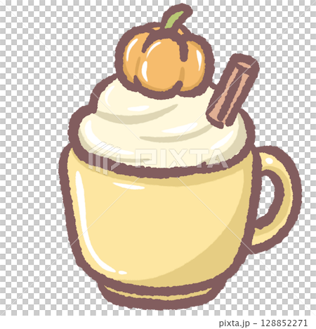 Cozy pumpkin spice latte in warm cup with whipped cream and cinnamon fall seasonal drink illustration perfect for autumn cafe menu festive beverage art Thanksgiving coffee and cozy drink design 128852271