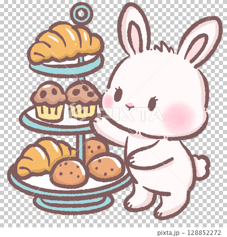Cute bunny arranging three tier stand with bakery treats croissants and muffins cozy patisserie scene perfect for cafe themes children books brunch decor dessert illustrations and food designs 128852272
