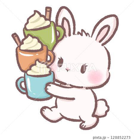 Cute bunny struggling to hold three cups of latte funny cozy cafe scene perfect for children books coffee themes dessert illustrations cute animal character and cozy lifestyle designs 128852273