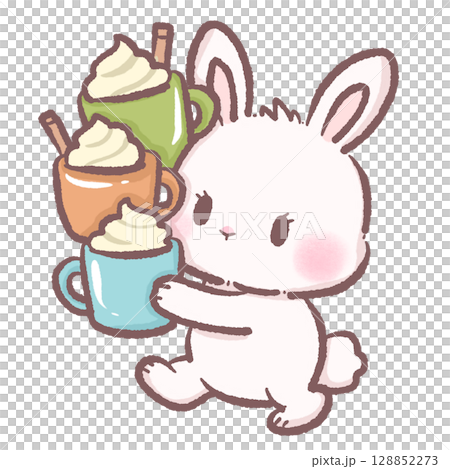 Cute bunny struggling to hold three cups of latte funny cozy cafe scene perfect for children books coffee themes dessert illustrations cute animal character and cozy lifestyle designs 128852273