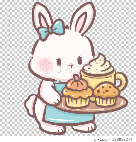 Cute bunny serving a tray with latte and muffins cozy cafe scene perfect for breakfast themes children books brunch illustrations dessert designs warm drink art and bakery food concepts 128852274