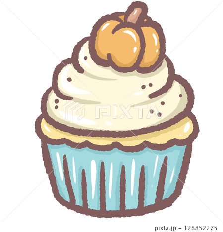 Cute pumpkin cupcake with whipped cream frosting in blue wrapper adorable autumn dessert illustration perfect for fall bakery menu cozy food art Thanksgiving treat and seasonal sweet design 128852275