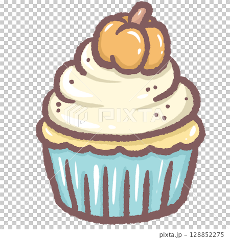Cute pumpkin cupcake with whipped cream frosting in blue wrapper adorable autumn dessert illustration perfect for fall bakery menu cozy food art Thanksgiving treat and seasonal sweet design 128852275