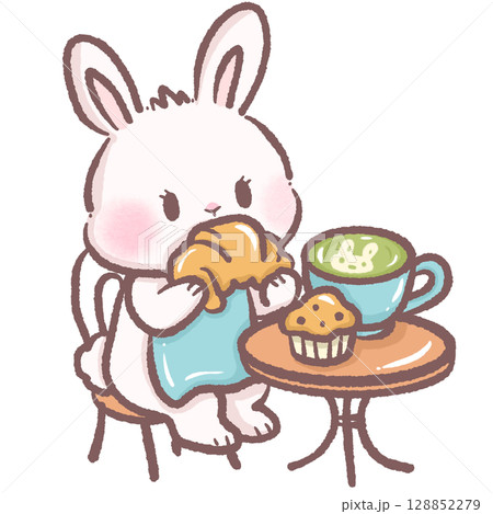 Cute bunny sitting at cafe table eating croissant with matcha latte and muffin cozy breakfast scene perfect for cafe themes children books brunch illustrations dessert and food art designs 128852279