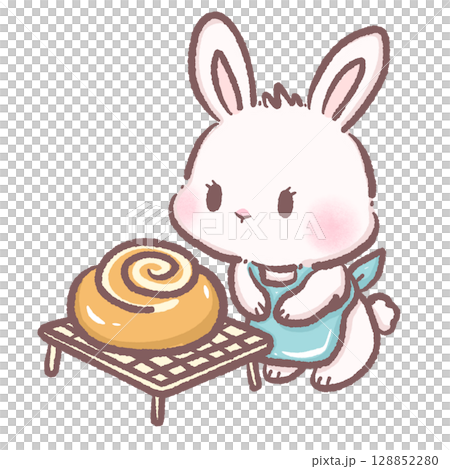 Cute bunny looking at a cinnamon roll on a tray cozy bakery scene perfect for dessert themes children books breakfast illustrations cafe decor sweet pastry art and warm food design ideas 128852280
