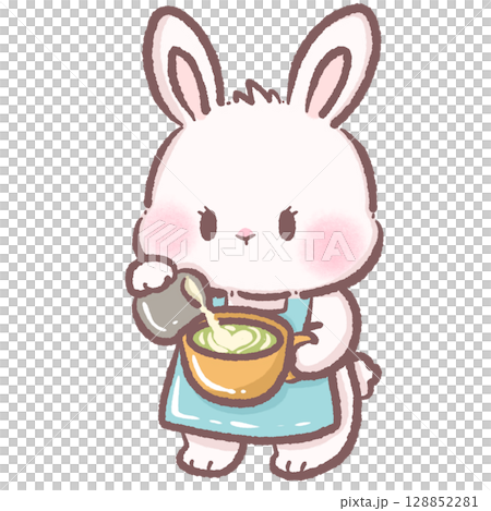 Cute cartoon bunny making foam on matcha latte kawaii white rabbit barista character preparing green tea drink cozy cafe illustration perfect for tea shop beverage art and latte foam making scene 128852281
