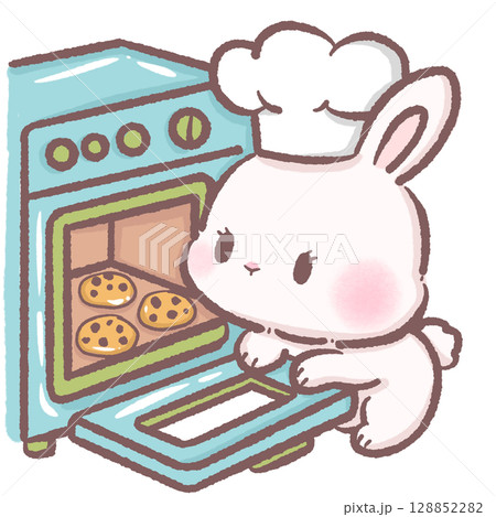 Cute bunny chef looking into oven checking chocolate chip cookies cozy baking scene perfect for kitchen art children books holiday illustrations cooking themes and sweet dessert designs 128852282