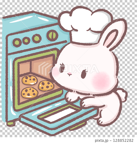 Cute bunny chef looking into oven checking chocolate chip cookies cozy baking scene perfect for kitchen art children books holiday illustrations cooking themes and sweet dessert designs 128852282
