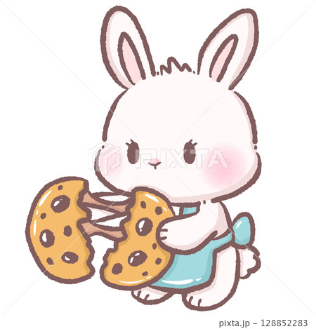 Cute cartoon bunny holding and pulling apart a chocolate chip cookie kawaii white rabbit character dessert snack illustration perfect for bakery sweets food clipart and cozy treat themed design 128852283
