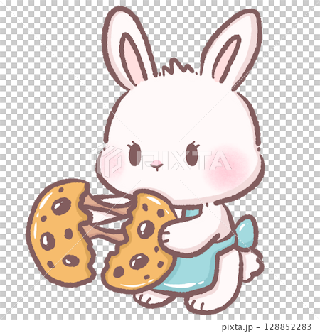 Cute cartoon bunny holding and pulling apart a chocolate chip cookie kawaii white rabbit character dessert snack illustration perfect for bakery sweets food clipart and cozy treat themed design 128852283
