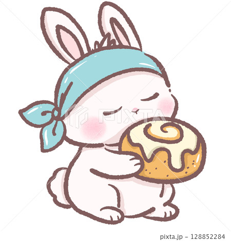 Cute bunny sniffing a cinnamon roll cozy bakery scene perfect for breakfast themes children books sweet dessert illustrations cafe decor autumn vibes and warm pastry food designs Cute bunny sniffing a cinnamon roll cozy bakery scene perfect for breakfast themes children books sweet dessert illustrations cafe decor autumn vibes and warm pastry food designs 128852284