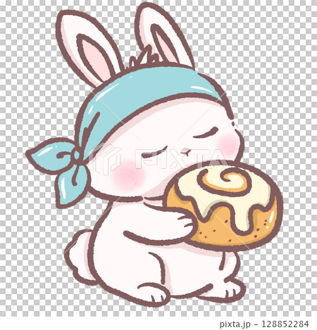 Cute bunny sniffing a cinnamon roll cozy bakery scene perfect for breakfast themes children books sweet dessert illustrations cafe decor autumn vibes and warm pastry food designs Cute bunny sniffing a cinnamon roll cozy bakery scene perfect for breakfast themes children books sweet dessert illustrations cafe decor autumn vibes and warm pastry food designs 128852284