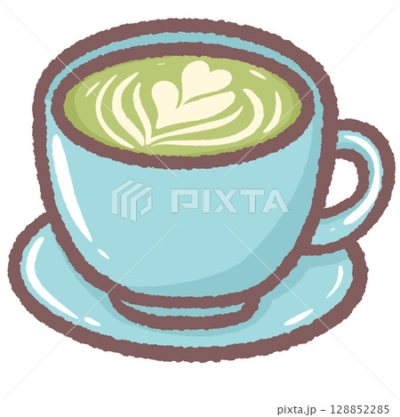 Delicious matcha latte in blue ceramic cup cozy green tea drink with creamy foam aesthetic hot beverage illustration perfect for cafe menu food art drink clipart cozy tea time and cafe scene design 128852285