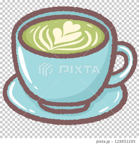 Delicious matcha latte in blue ceramic cup cozy green tea drink with creamy foam aesthetic hot beverage illustration perfect for cafe menu food art drink clipart cozy tea time and cafe scene design 128852285