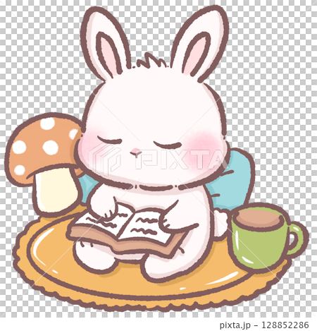 Cute bunny reading in a cozy corner with mushroom plushie and books warm cottagecore scene perfect for children books autumn illustrations cozy room decor storytelling and reading themes Cute bunny reading in a cozy corner with mushroom plushie and books warm cottagecore scene perfect for children books autumn illustrations cozy room decor storytelling and reading themes 128852286