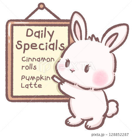 Cute cartoon bunny pointing at cafe daily specials sign cinnamon rolls and pumpkin latte kawaii white rabbit character cozy autumn bakery illustration perfect for fall cafe menu and dessert theme 128852287