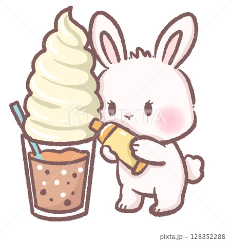Adorable bunny piping whipped cream overflowing on rich chocolate drink cute kawaii rabbit dessert illustration perfect for cafe menus children books sweet treats and cozy beverage designs 128852288