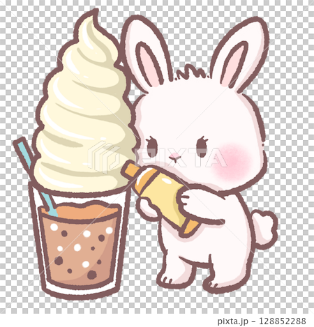 Adorable bunny piping whipped cream overflowing on rich chocolate drink cute kawaii rabbit dessert illustration perfect for cafe menus children books sweet treats and cozy beverage designs 128852288