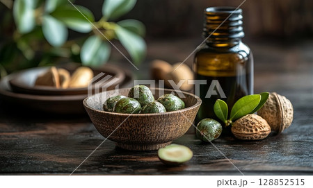 Tamanu oil with green nut pods and ceramic bowls . Tamanu oil with green nut pods and ceramic bowls . 128852515