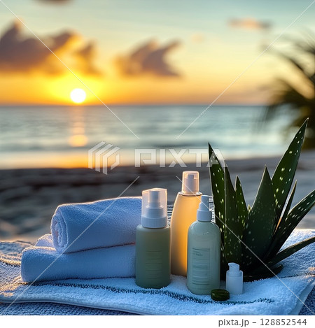 After-Sun Care - Aloe vera gel and soothing lotions arranged on a towel after a long day in the sun, with a calming beach sunset in the background. . 128852544