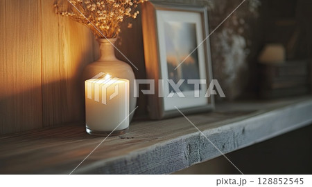 Framed photo and burning candle on wooden shelf . 128852545