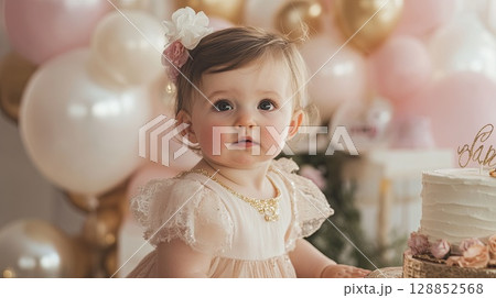 Vintage birthday decorations in soft hues of blush and gold . 128852568